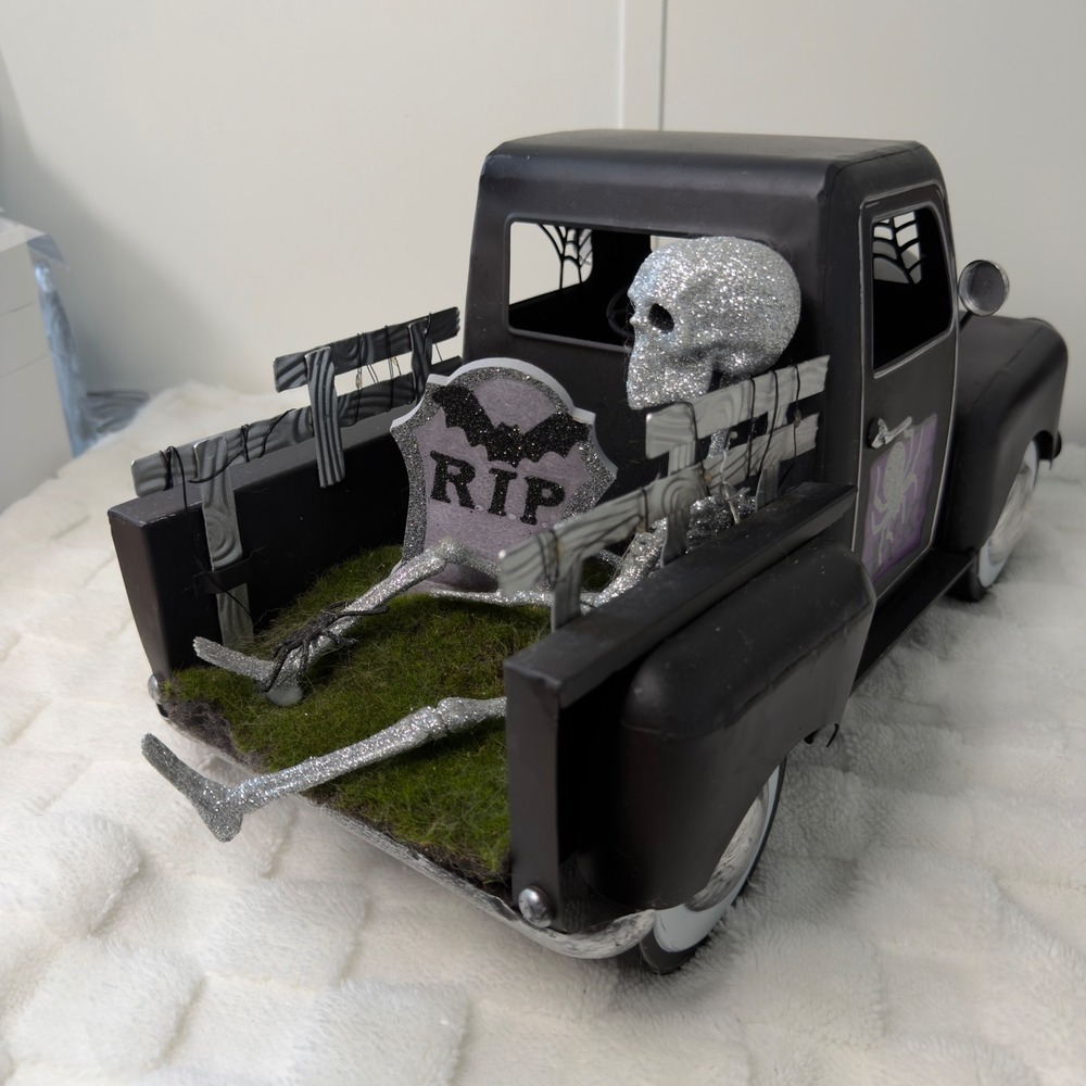 Halloween Metal Truck Decor Skeleton Tombstone Spooky Black Vintage Style 18inch